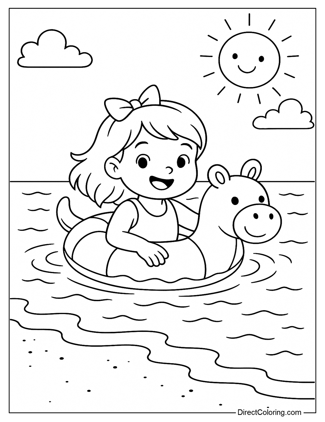 a beach coloring page with a little girl in an animal-shaped float, swimming near the shore.